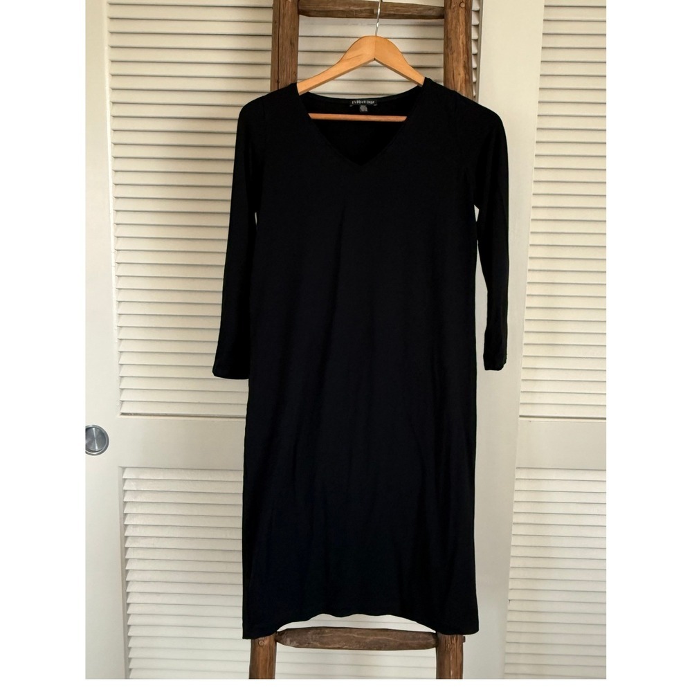 Eileen Fisher Dress‎ XS/TP Black V-Neck 3/4 Sleeve Knit Casual Minimalist